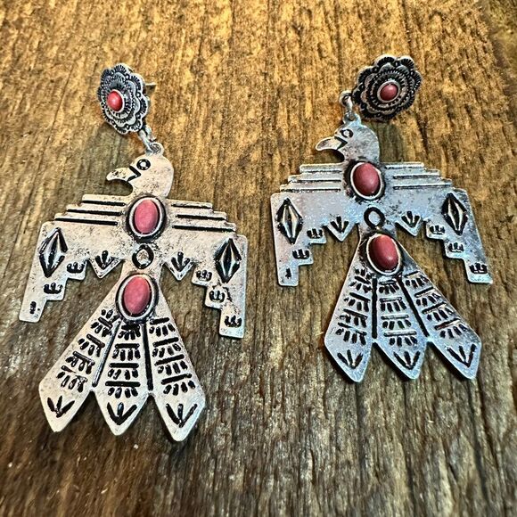 Metal Native Thunderbird Post Dangle Earrings in Red - Picture 1 of 8